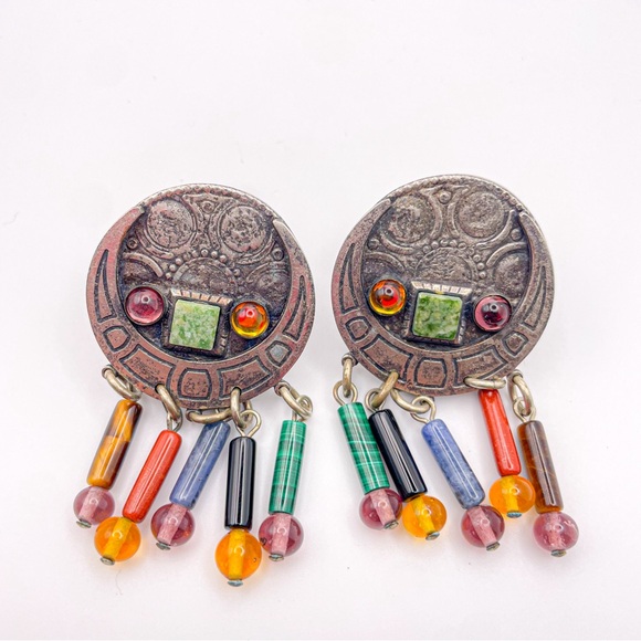 Vintage M. Baer 1980’s Silver Tone Stone Bead Dangle Clip On Earrings w Circle - Picture 10 of 10